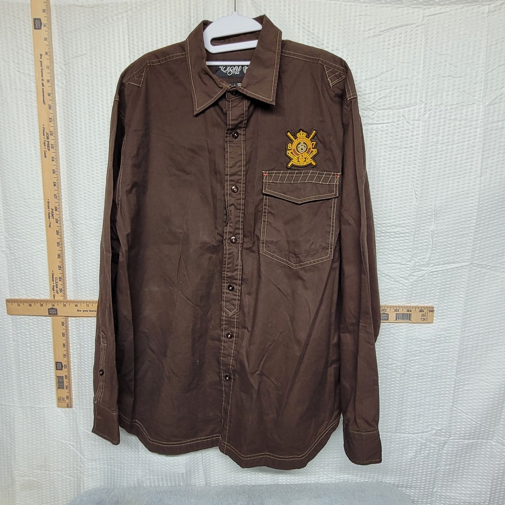 Eight 732 Mens Brown Long Sleeve Button‎ Up Shirt Embroidered Crest XL Cotton